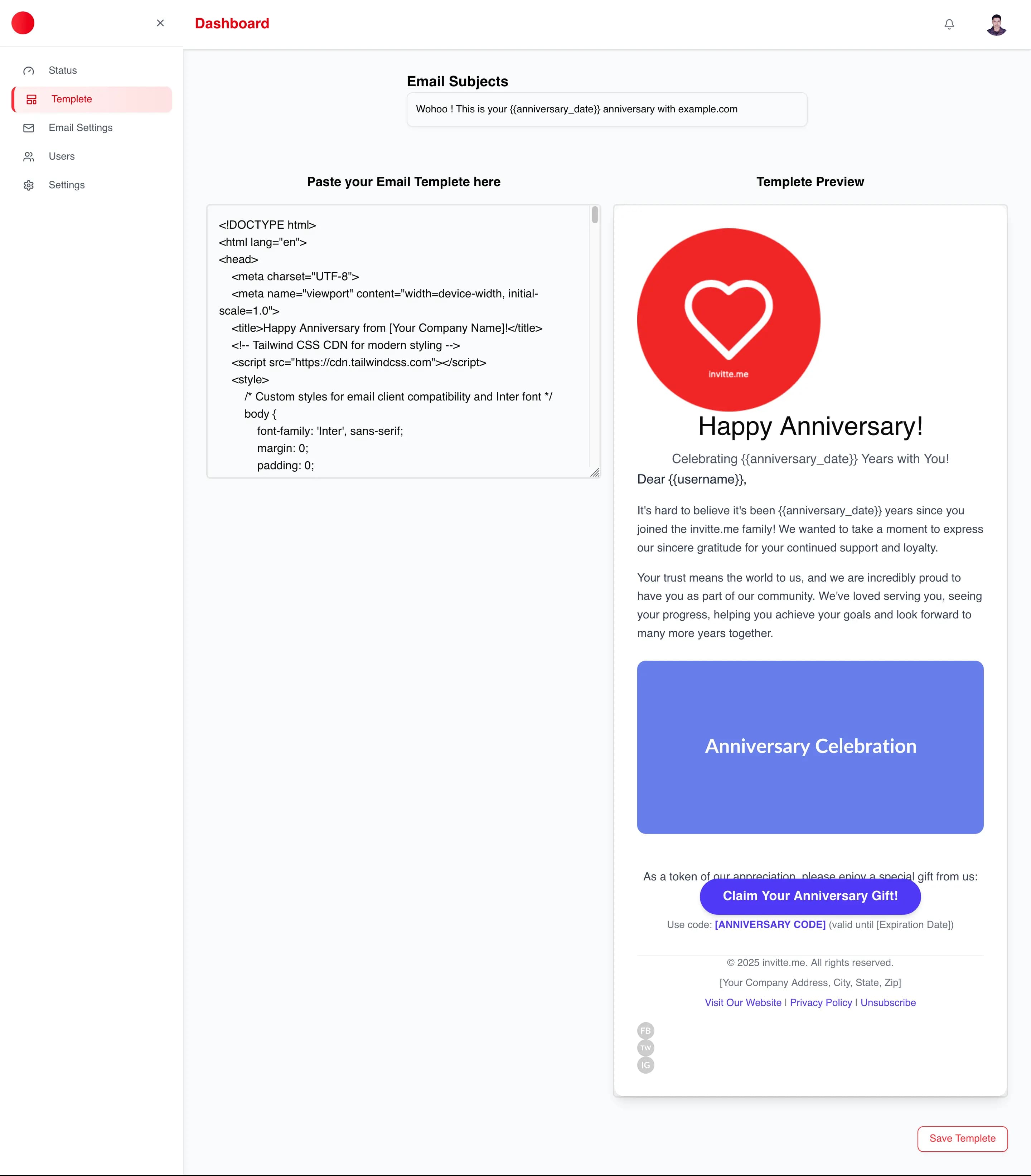 invitte me template code